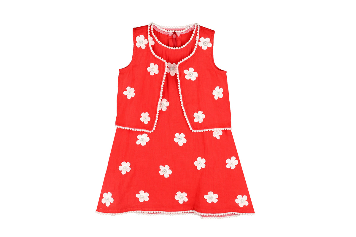 Girls Red Floral Embroidered Frock with Jacket Set