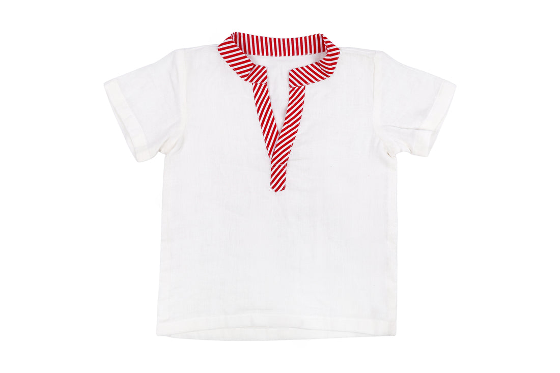 Girls White Top with Red Striped Pant Set