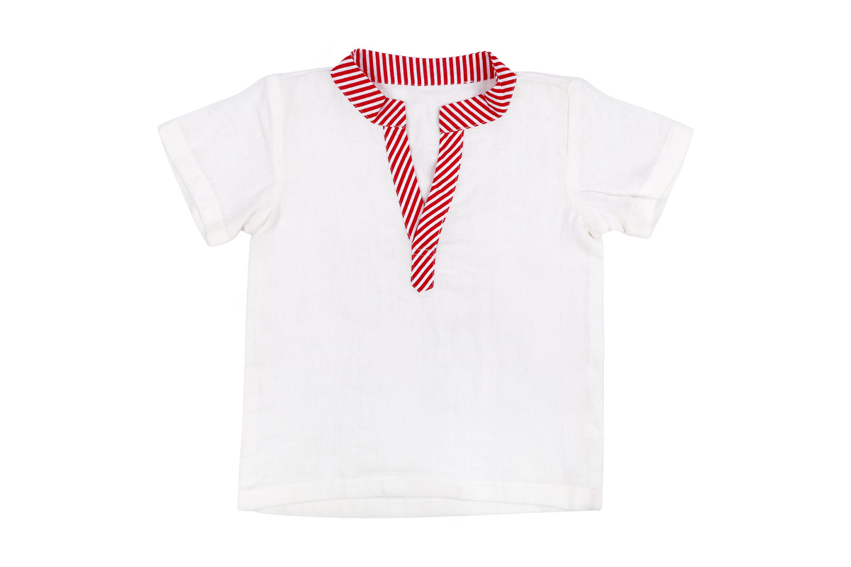 Girls White Top with Red Striped Pant Set