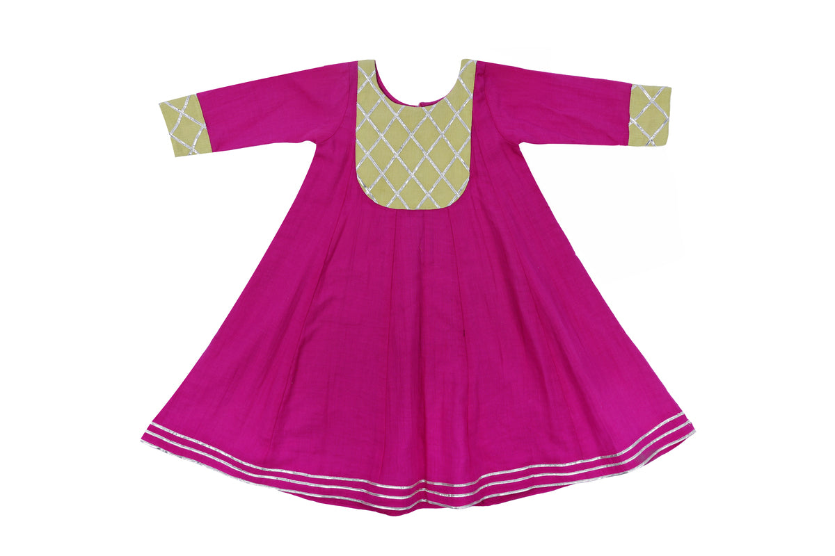 Girls Pink Ethnic Frock with Golden Yoke Design