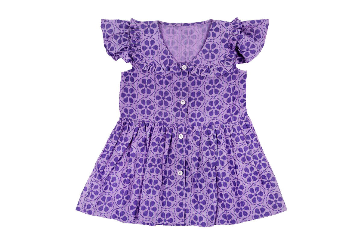 Girls Purple Floral Printed Dress with Frill Detail