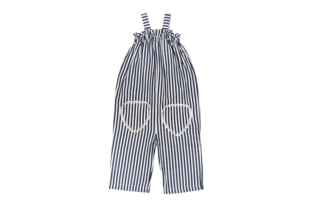 Girls Striped Cotton Jumpsuit with Heart Pocket Detail