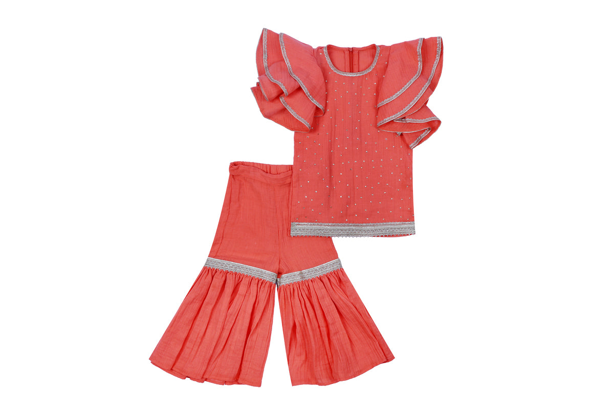 Girls Coral Frill Sleeve Top with Palazzo Set
