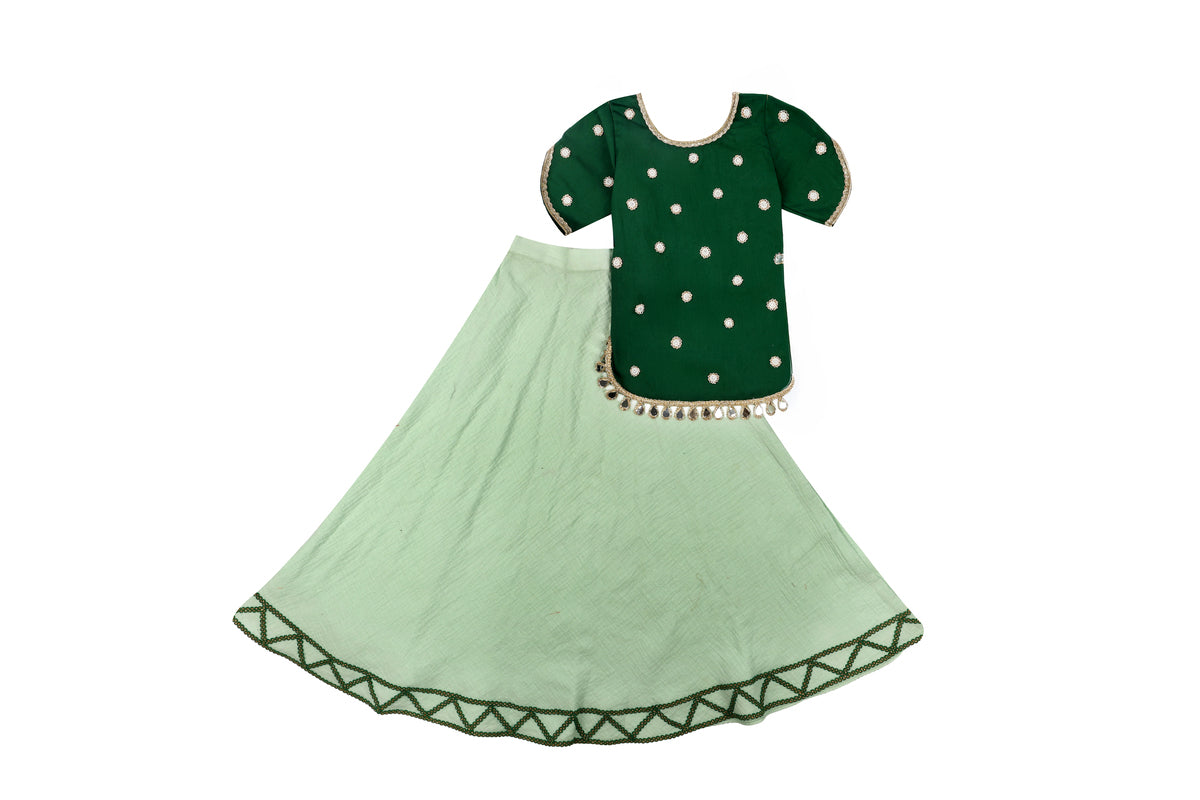 Girls Green Ethnic Top with Flared Skirt Set
