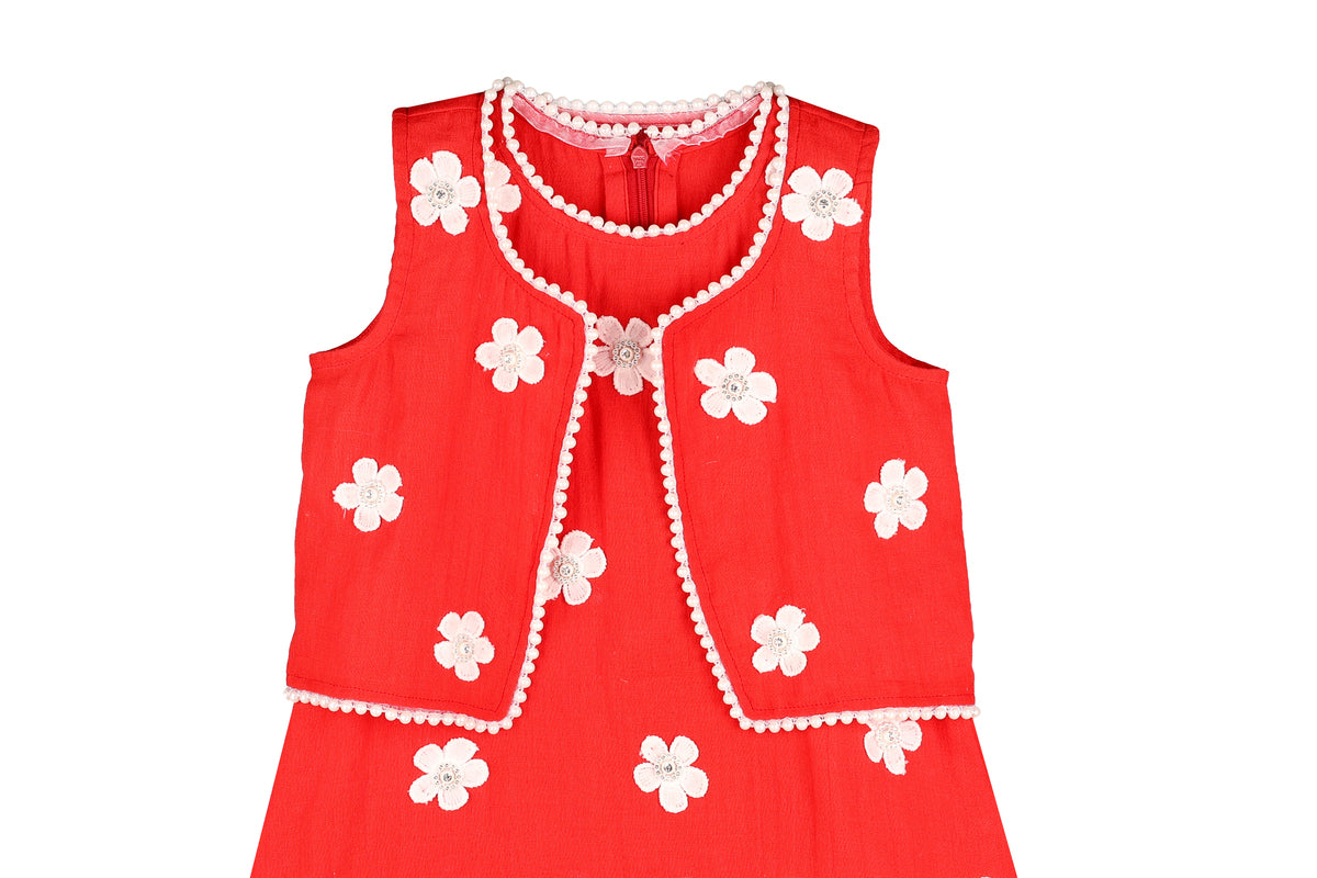 Girls Red Floral Embroidered Frock with Jacket Set