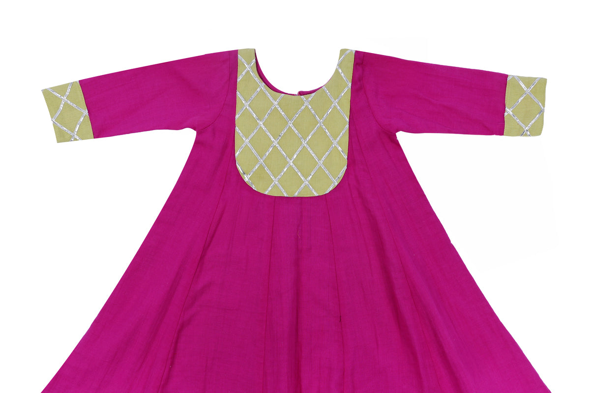 Girls Pink Ethnic Frock with Golden Yoke Design