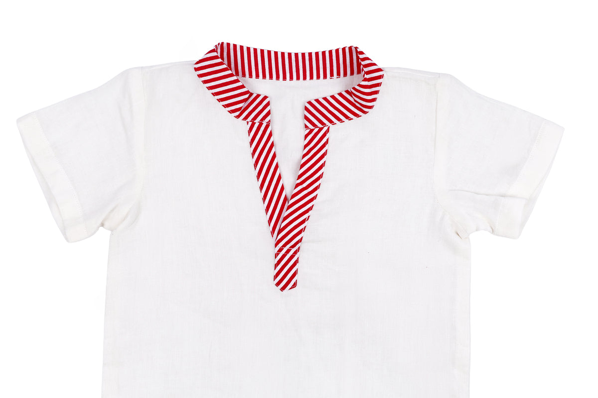 Girls White Top with Red Striped Pant Set
