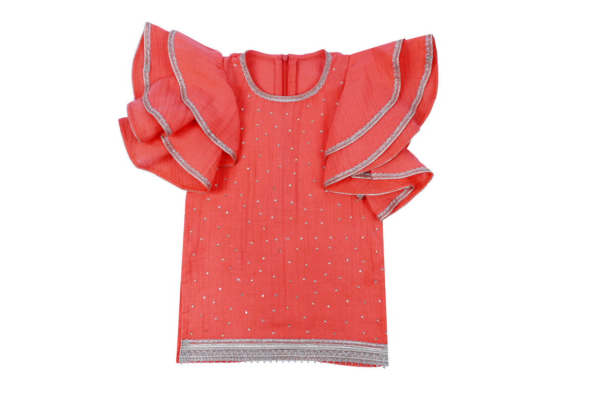 Girls Coral Frill Sleeve Top with Palazzo Set