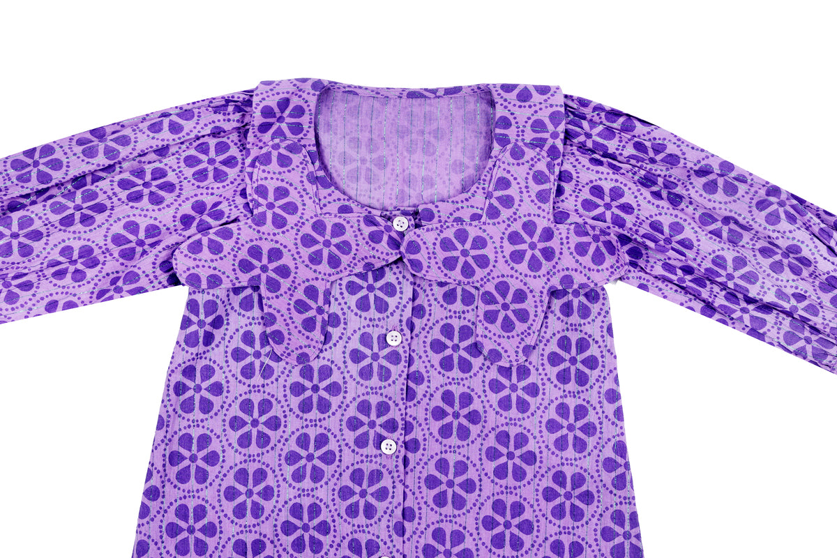 Girls Purple Floral Printed Dress with Button Detail