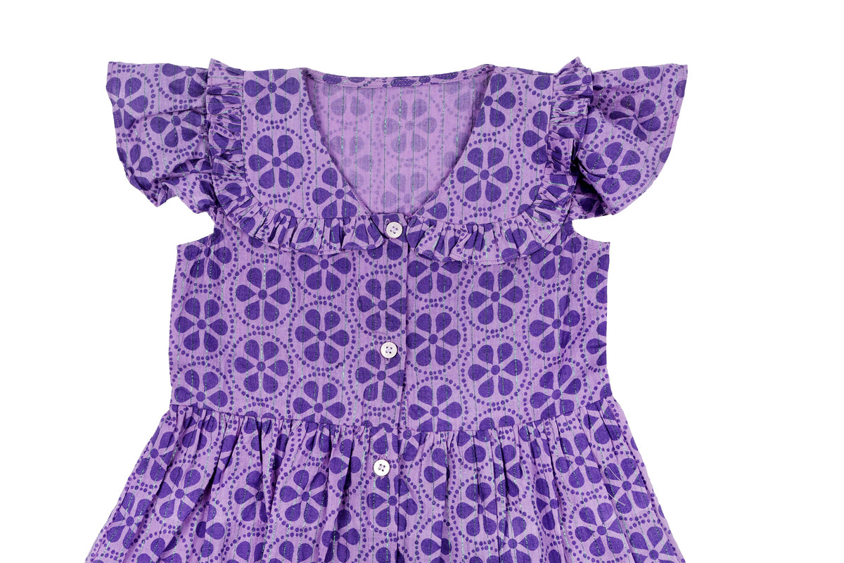 Girls Purple Floral Printed Dress with Frill Detail