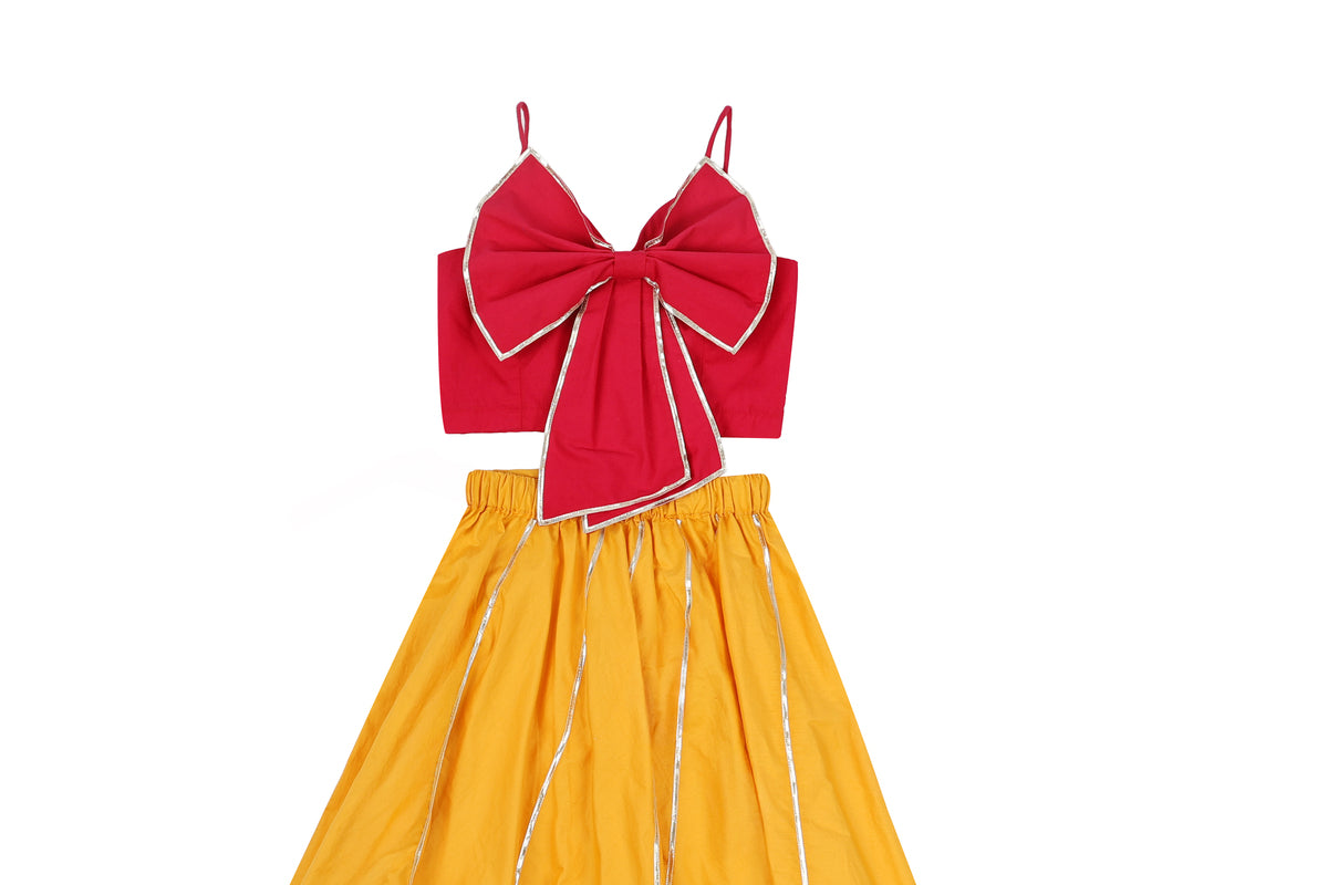 Girls Red Bow Top with Yellow Skirt Set