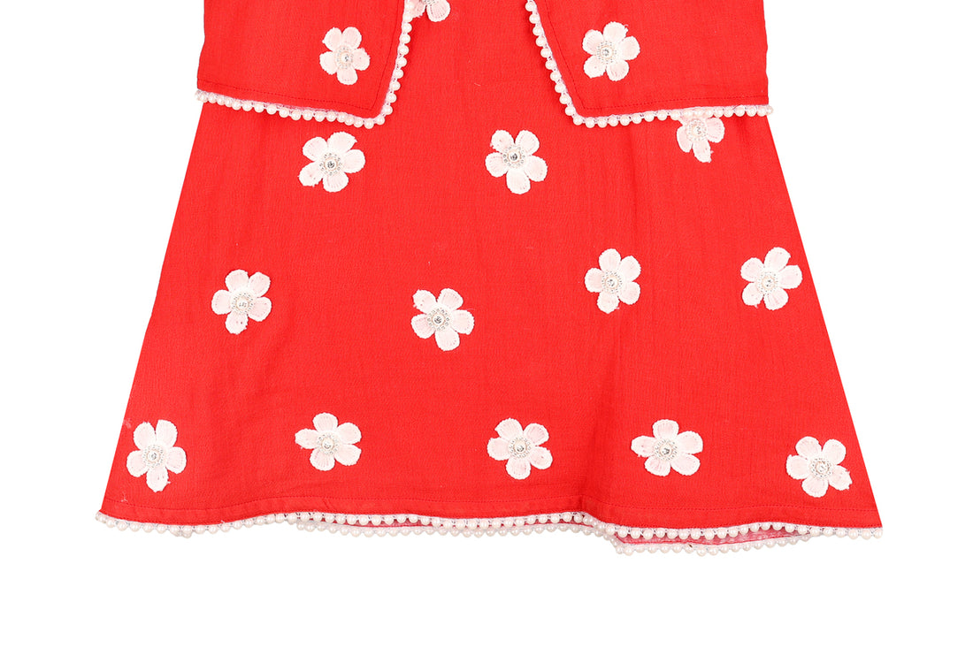 Girls Red Floral Embroidered Frock with Jacket Set Half Sleeve