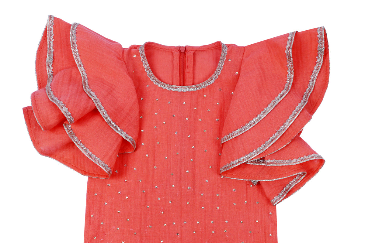 Girls Coral Frill Sleeve Top with Palazzo Set