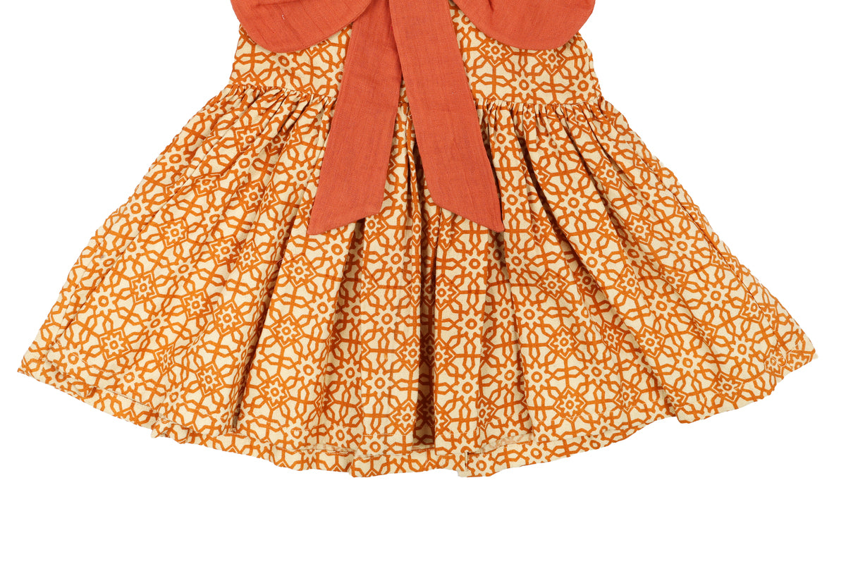 Girls Orange Printed Dress with Bow Detail