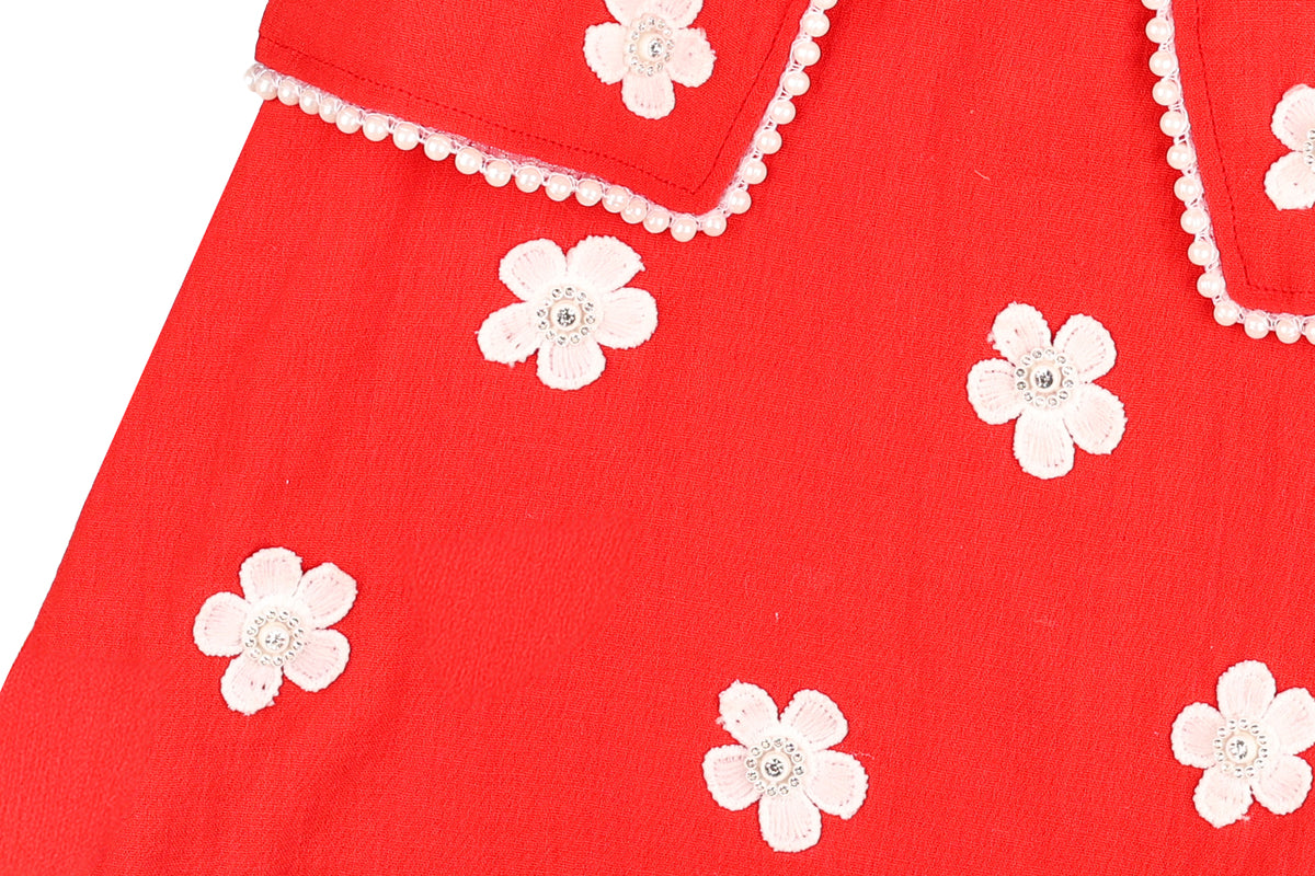 Girls Red Floral Embroidered Frock with Jacket Set Half Sleeve