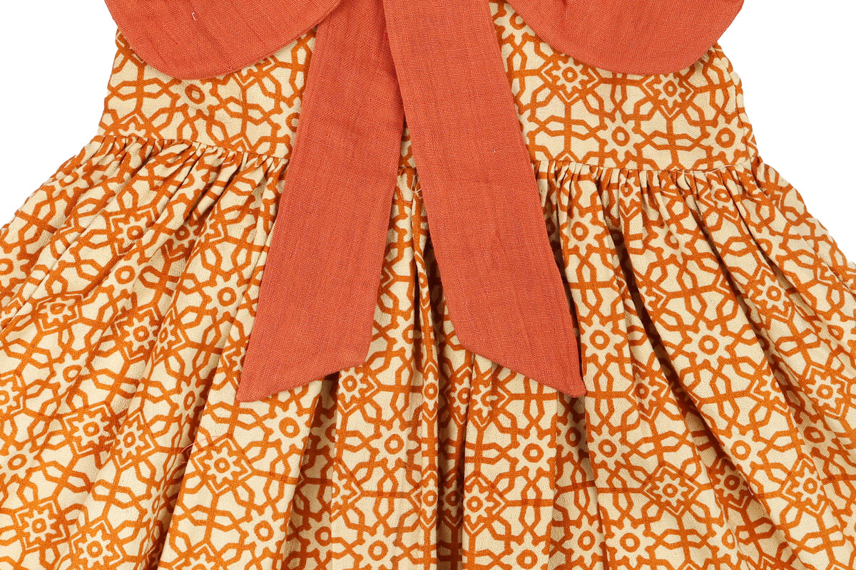 Girls Orange Printed Dress with Bow Detail