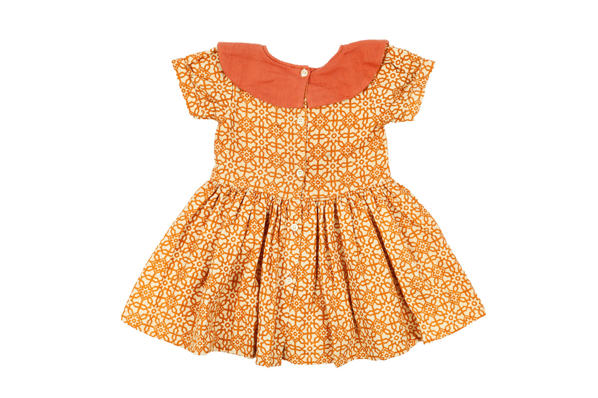 Girls Orange Printed Dress with Bow Detail