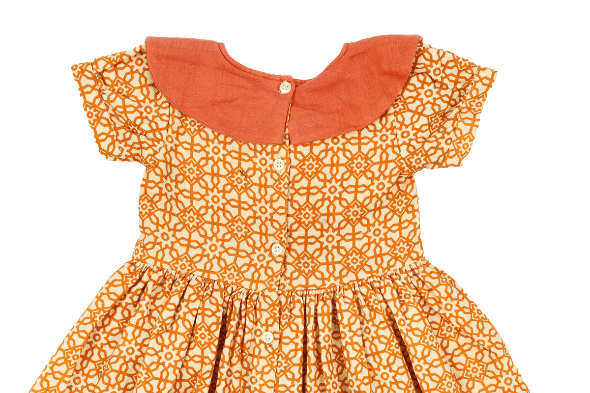 Girls Orange Printed Dress with Bow Detail