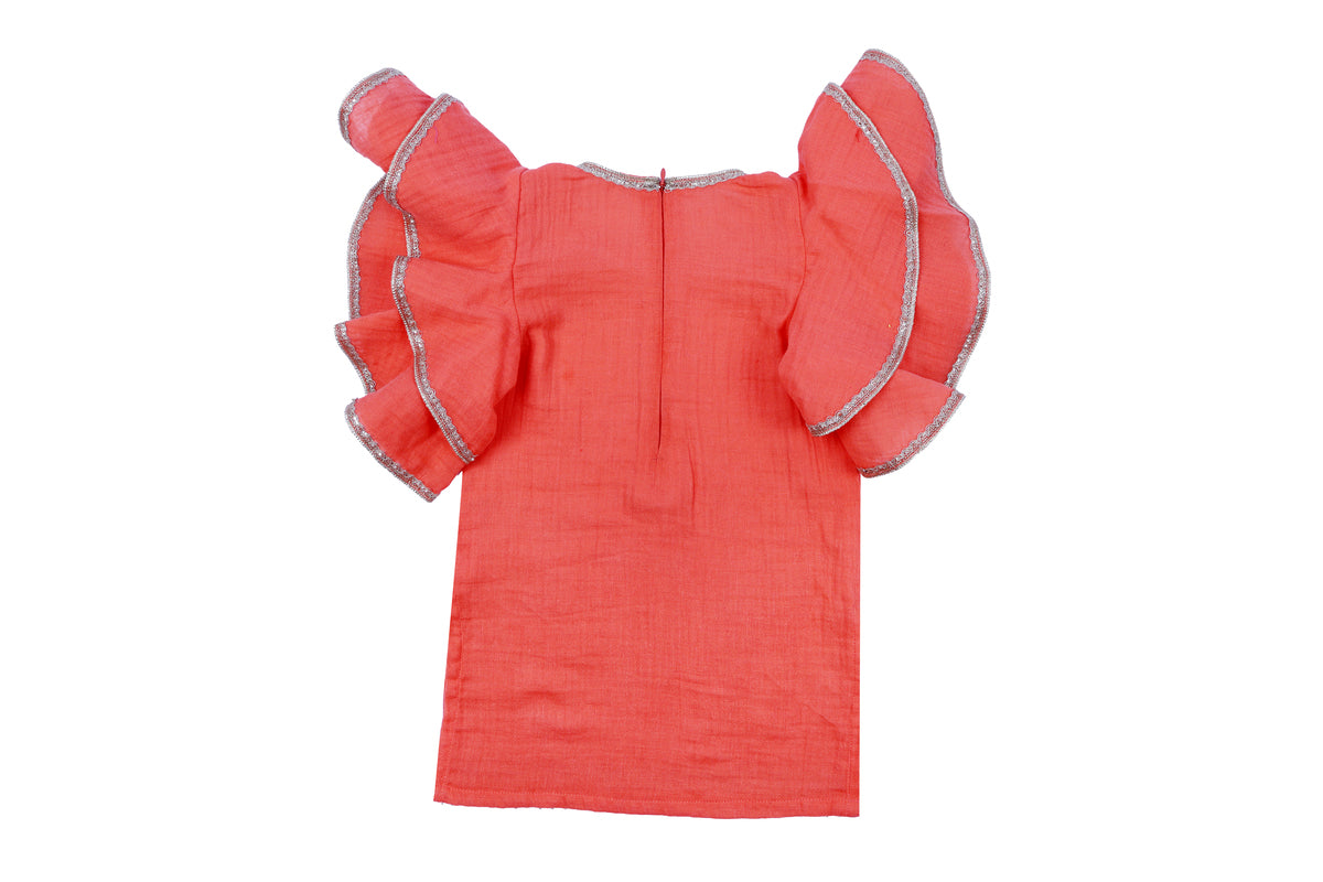 Girls Coral Frill Sleeve Top with Palazzo Set
