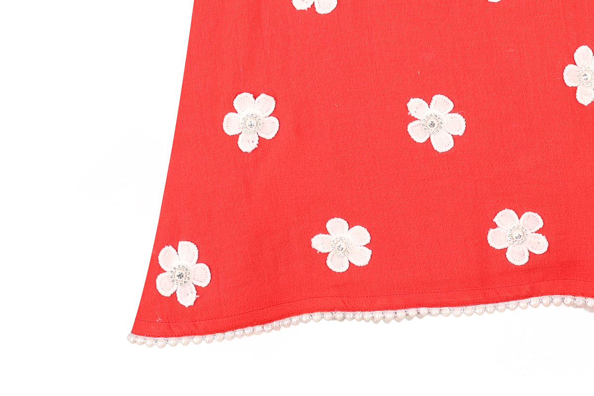 Girls Red Floral Embroidered Frock with Jacket Set Half Sleeve