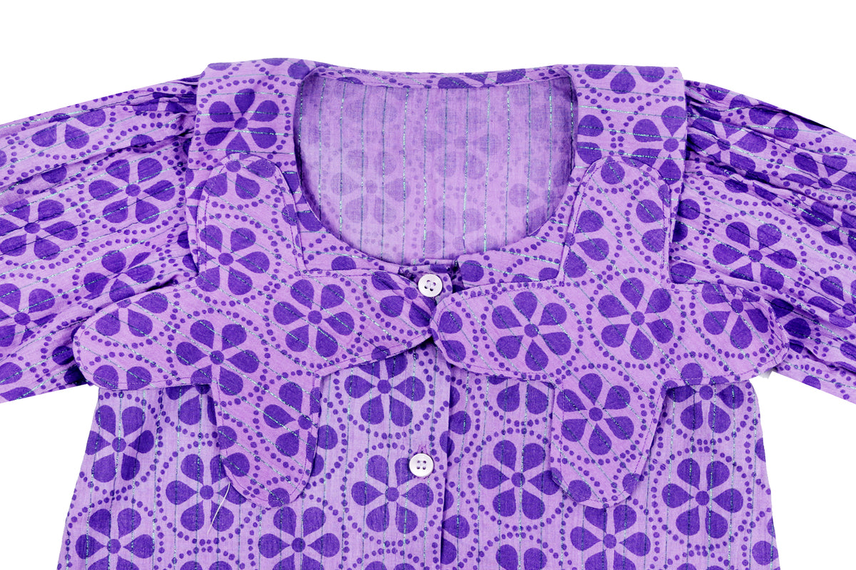 Girls Purple Floral Printed Dress with Button Detail
