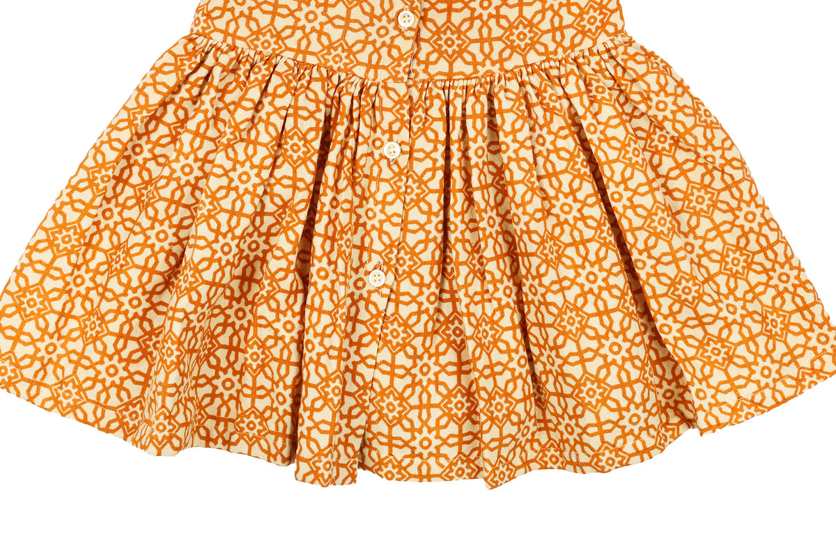 Girls Orange Printed Dress with Bow Detail