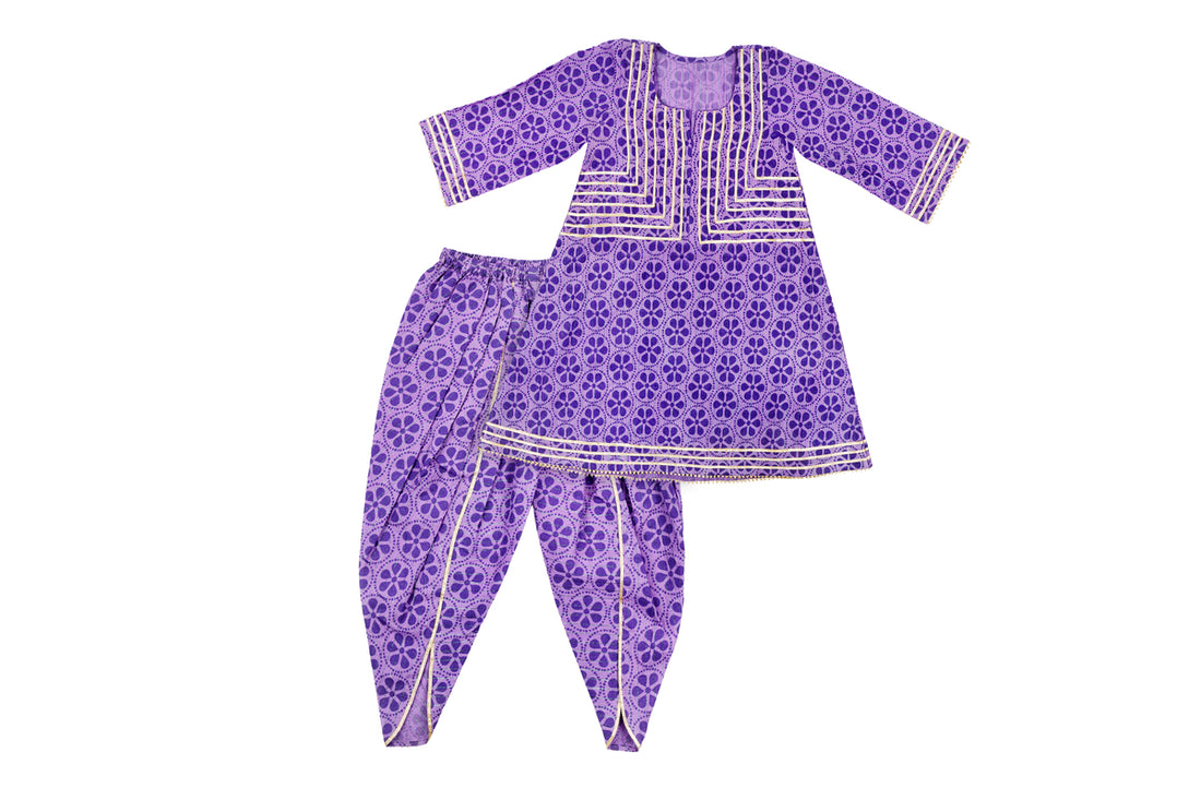 Girls Purple Printed Kurti with Dhoti Pant Set
