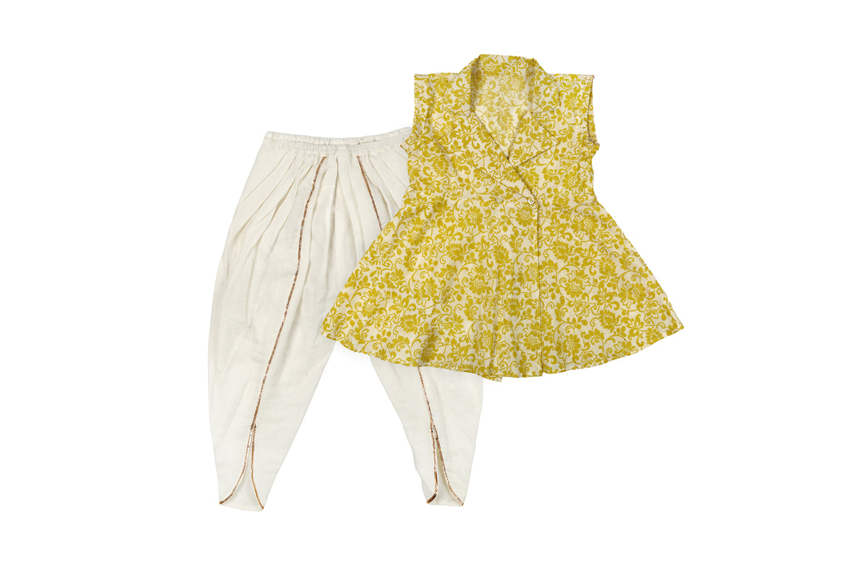 Girls Yellow Floral Top with Dhoti Pant Set