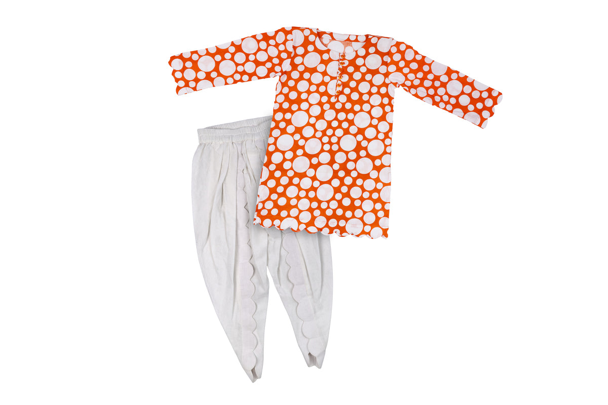 Girls Orange Polka Dot Top with Dhoti Pant Set