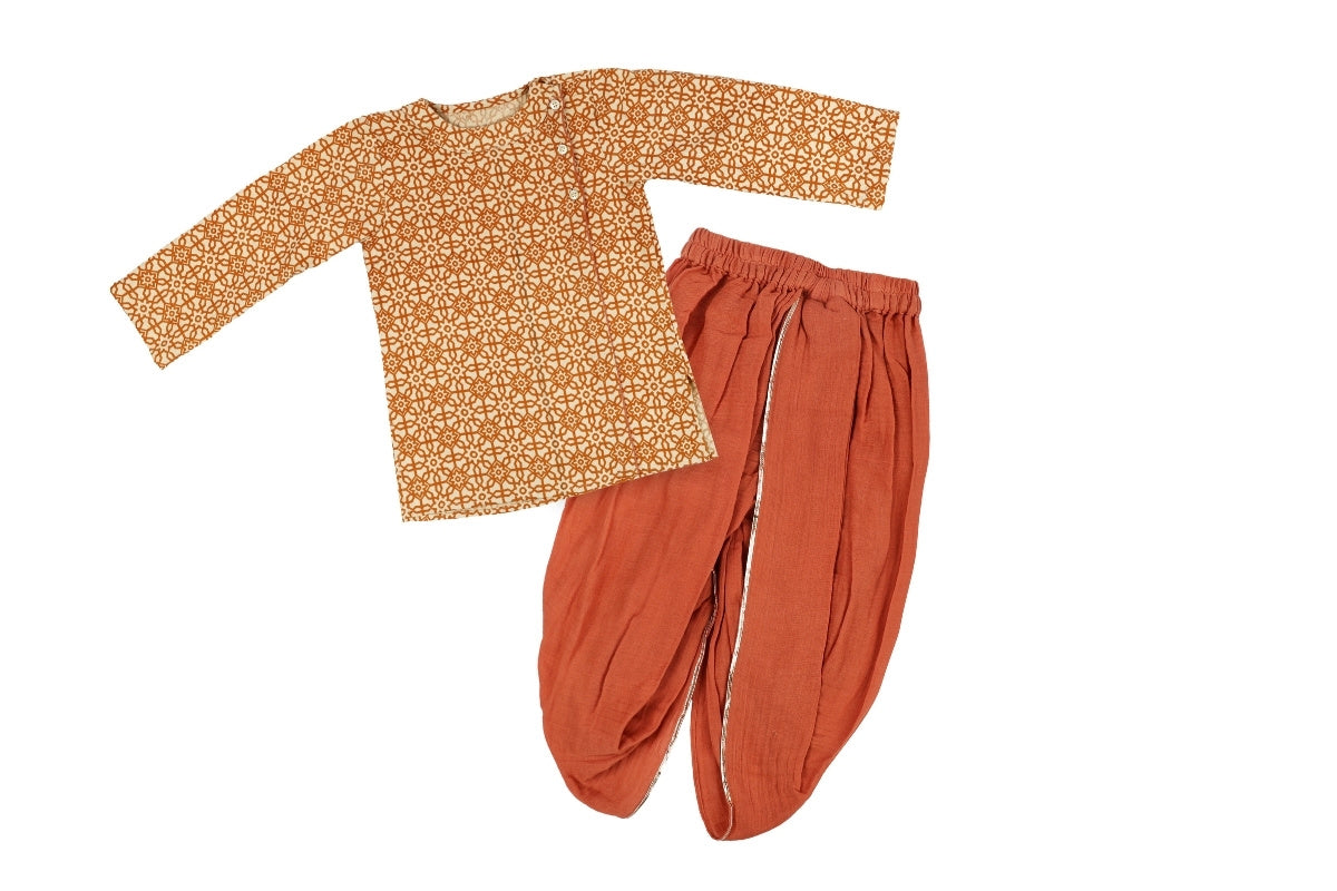 Rust Heritage Cotton Kurta & Dhoti Set