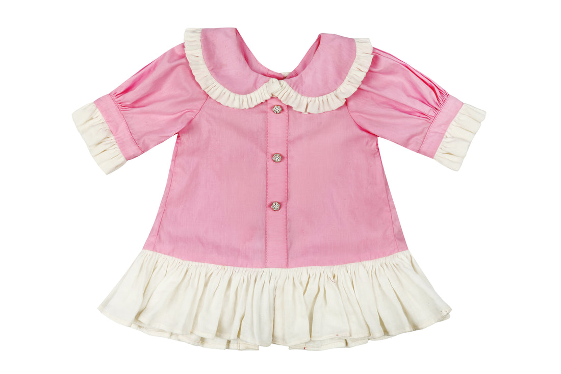 Girls Pink Dress with White Frill Detail