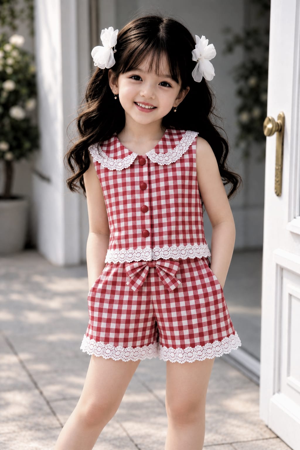 Red Gingham Lace Trim Shorts Co-ord Set for Girls