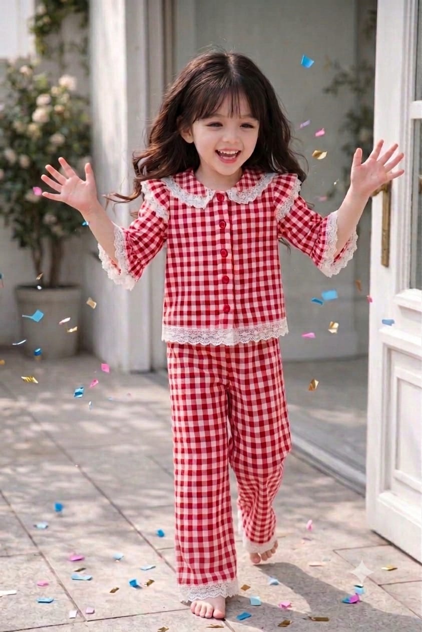 Red Gingham 3/4th Sleeve Lace Trim Co-ord Set for Girls