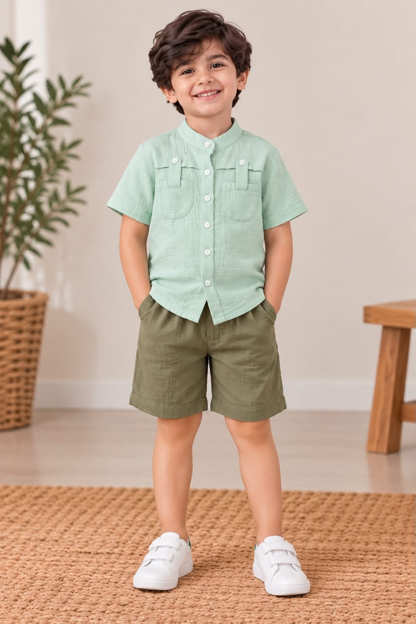 Mint Meadow Shirt & Olive Shorts Set