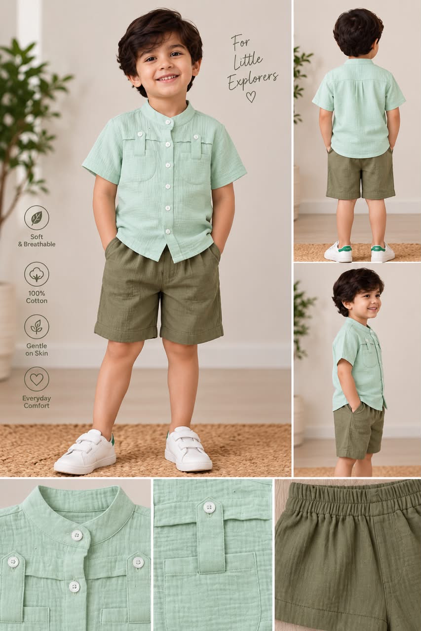 Mint Meadow Shirt & Olive Shorts Set