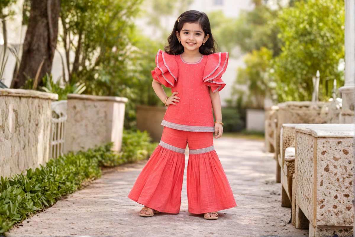 Girls Coral Frill Sleeve Top with Palazzo Set