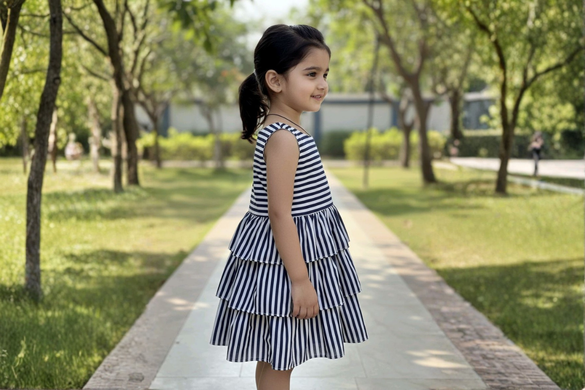 Midnight Stripe Cotton Tiered Dress