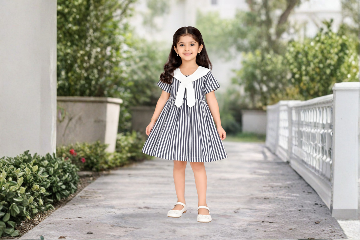 Girls Striped Cotton Dress with Bow Detail
