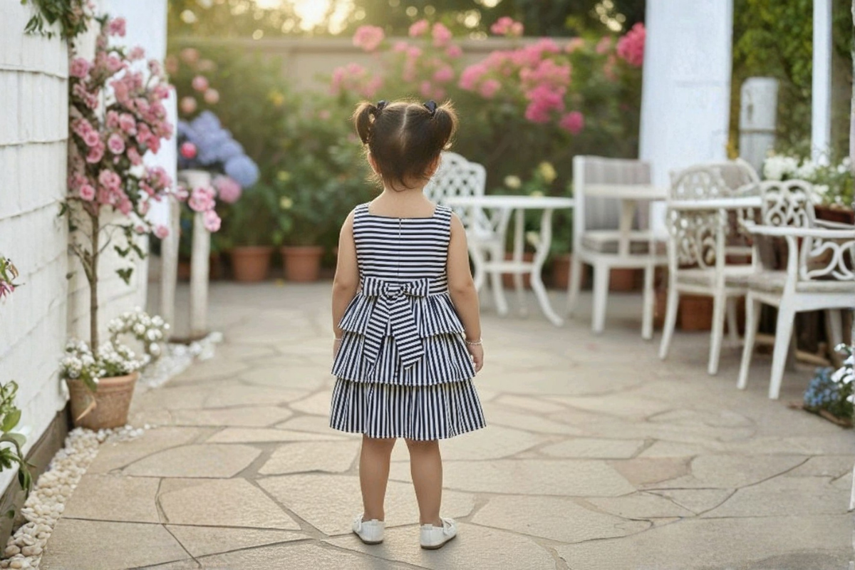 Midnight Stripe Cotton Tiered Dress