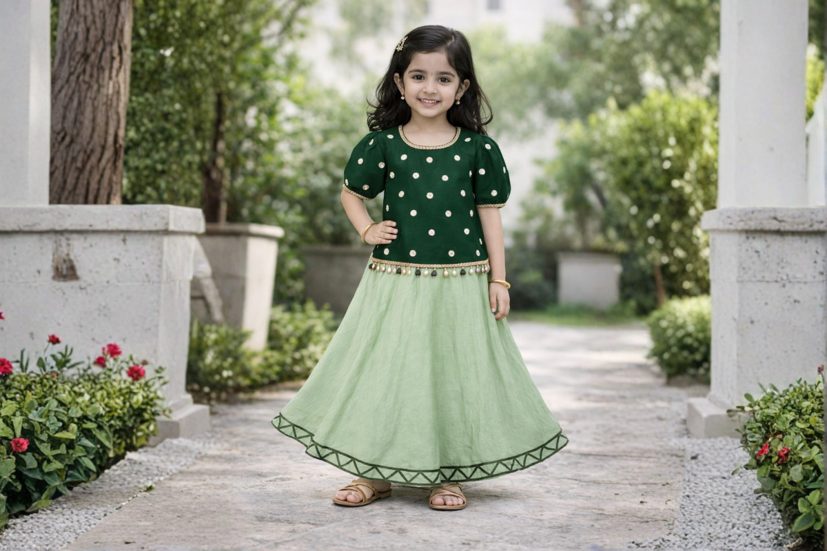 Girls Green Ethnic Top with Flared Skirt Set