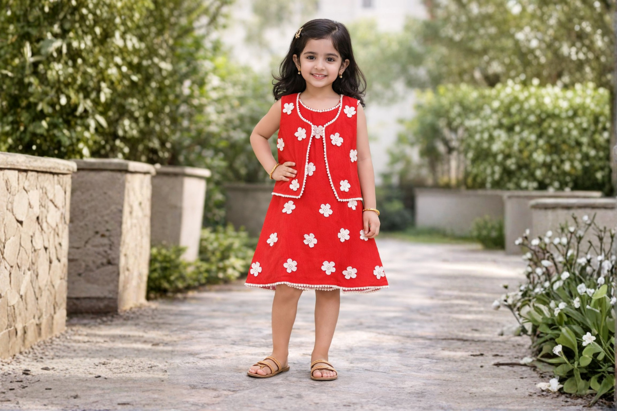 Girls Red Floral Embroidered Frock with Jacket Set