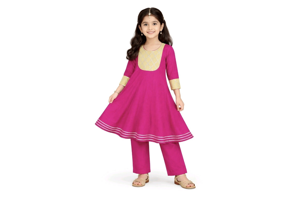 Girls Pink Ethnic Frock with Golden Yoke Design