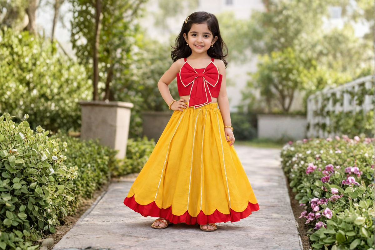 Girls Red Bow Top with Yellow Skirt Set