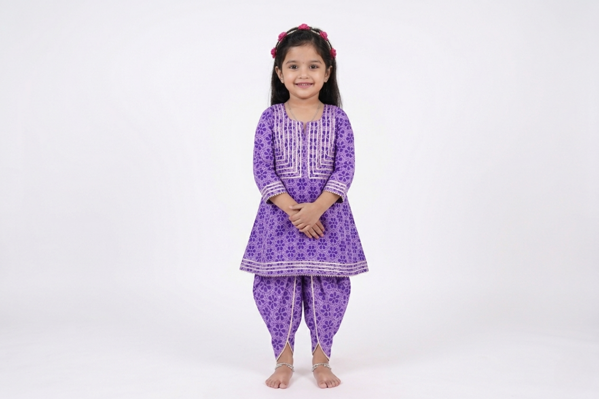 Girls Purple Printed Kurti with Dhoti Pant Set