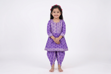 Girls Purple Printed Kurti with Dhoti Pant Set