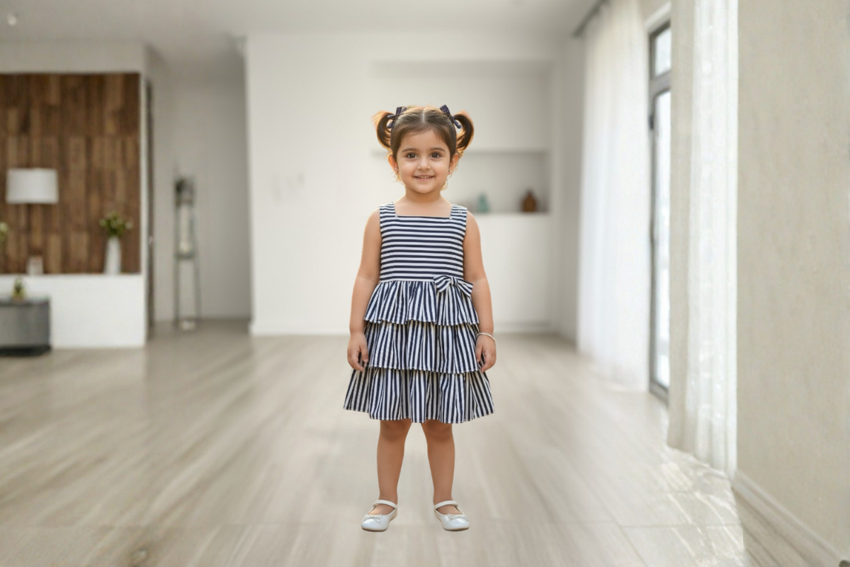 Midnight Stripe Cotton Tiered Dress