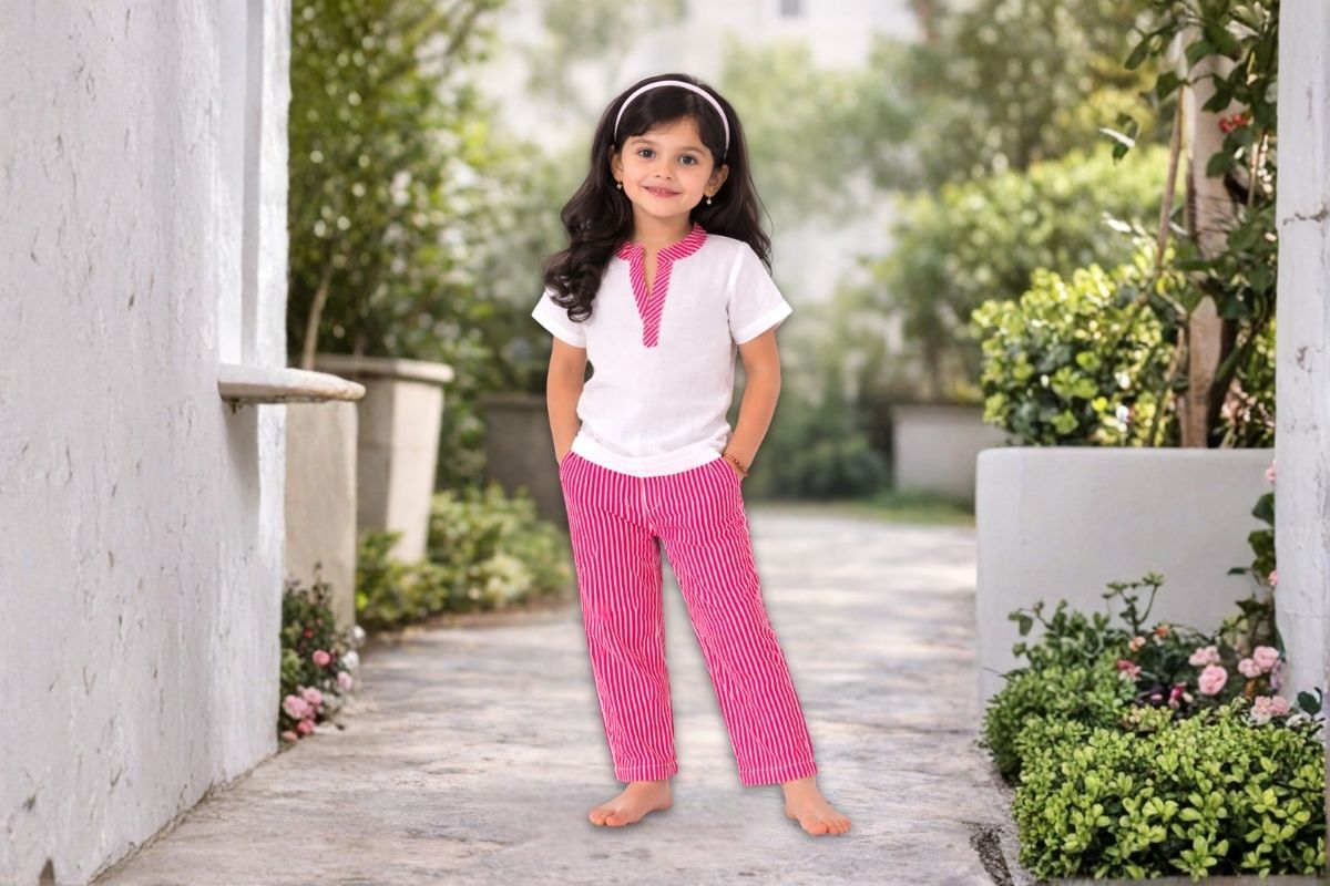 Girls White Top with Red Striped Pant Set