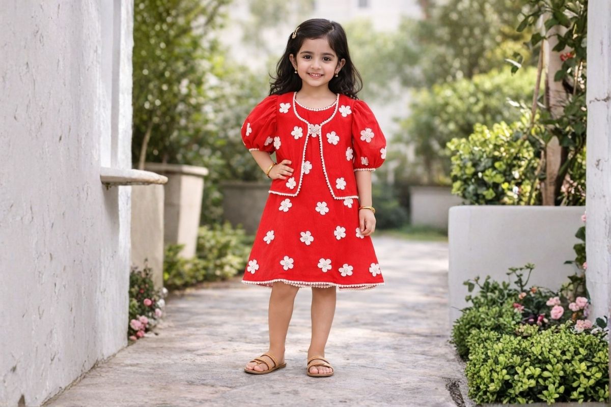 Girls Red Floral Embroidered Frock with Jacket Set Half Sleeve