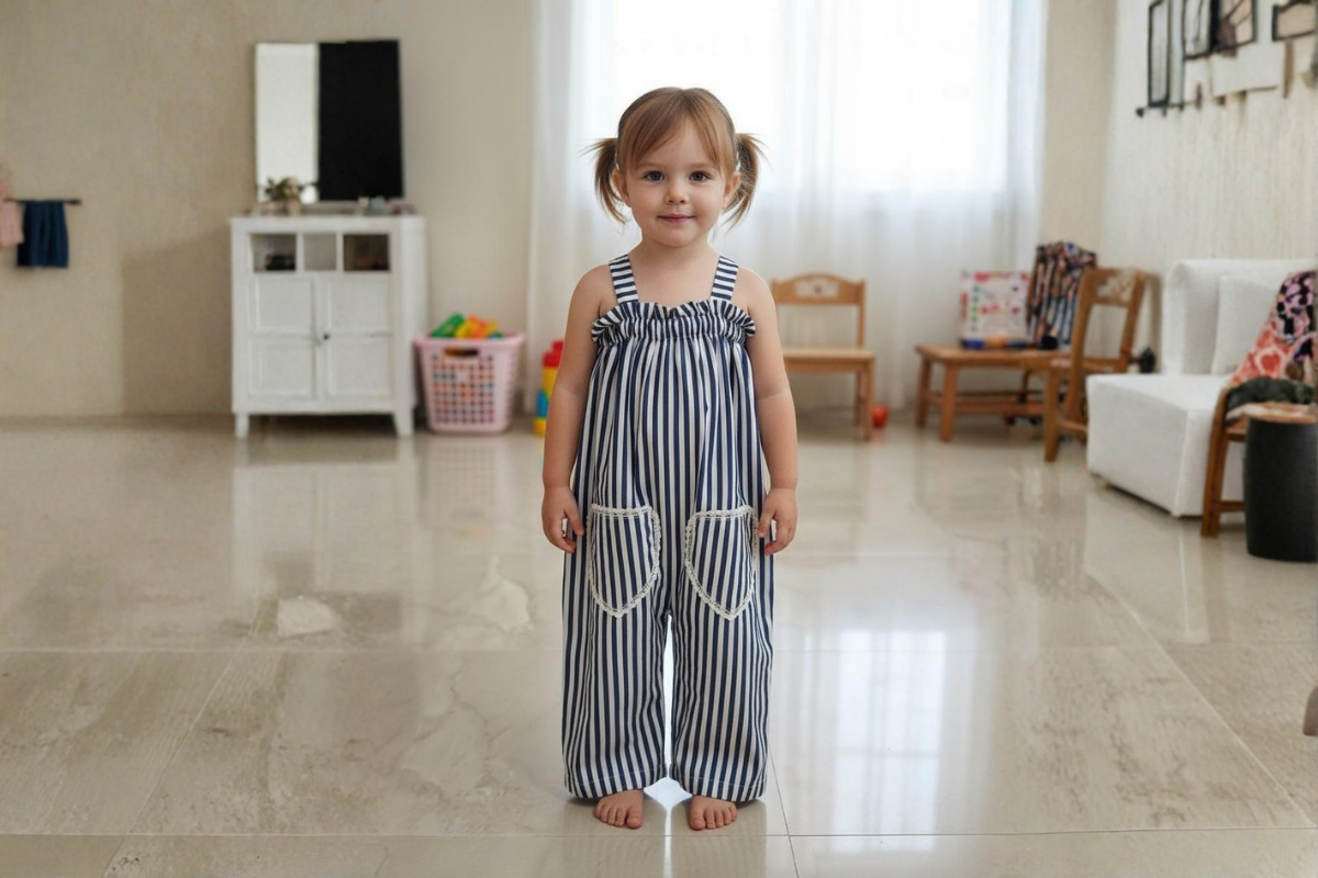 Girls Striped Cotton Jumpsuit with Heart Pocket Detail
